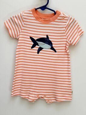 Adventurewear Striped Orange & White Baby Romper with Shark Applique